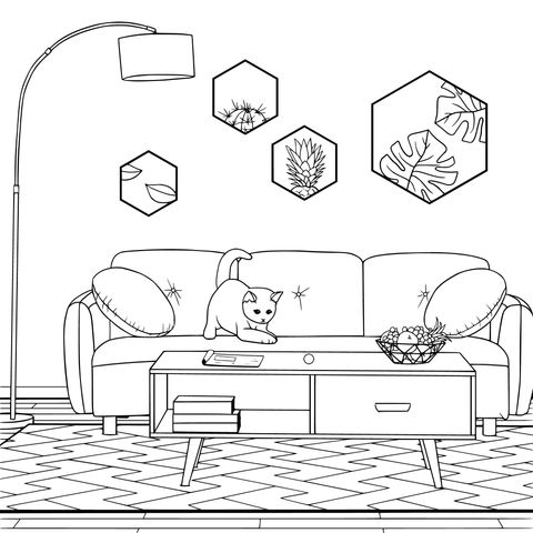 Cat Coloring Page in a Cozy Living Room