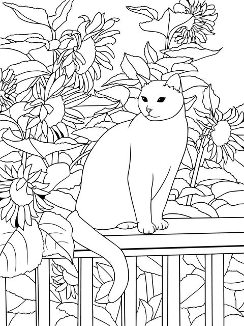 Página para colorear de un gato y girasoles