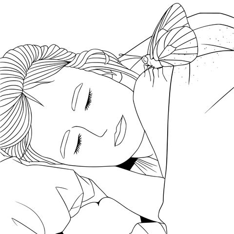 Coloring Page of a Sleeping Girl and a Butterfly