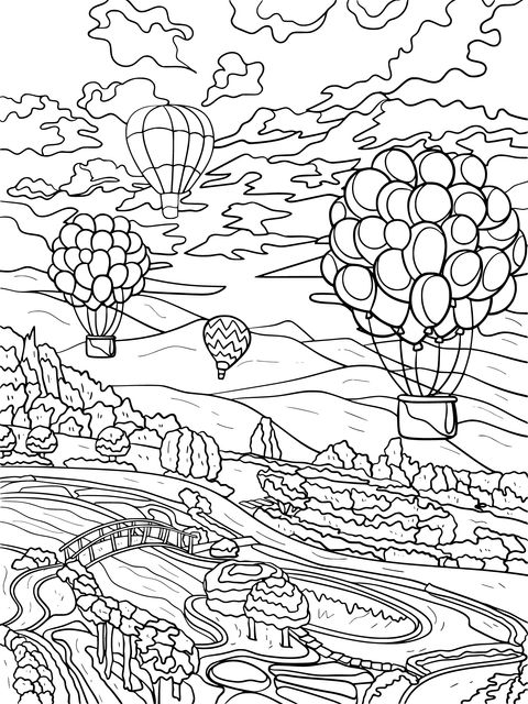 Página de Colorear de Globo Aerostático y Paisaje Natural