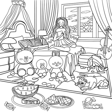 Coloring Page of a Girl and Her Adorable Pets in the Room