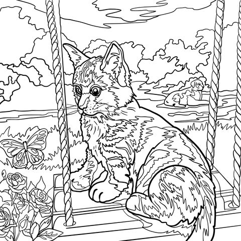 Coloring Page of a Cat on a Swing