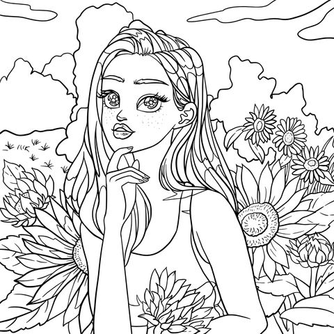 Página para colorear de una chica en un campo de girasoles