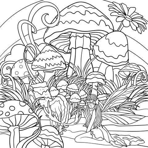 Fantasy Mushrooms and Fairy Coloring Page