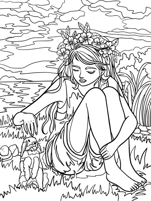 Coloring Page of a Girl and a Rabbit in a Natural Scene