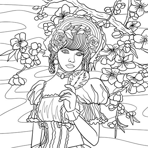 Vintage - dressed Girl Enjoying Flowers Coloring Page