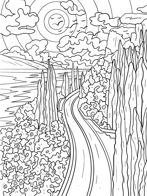 Scenic Coloring Page: A Winding Path and Lakeside Views