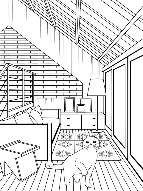 Adorable Cat in Attic Room Coloring Page