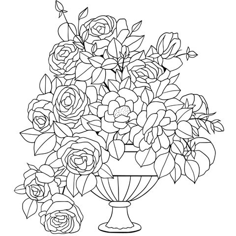 Página para colorir de rosas cor - de - rosa em um vaso