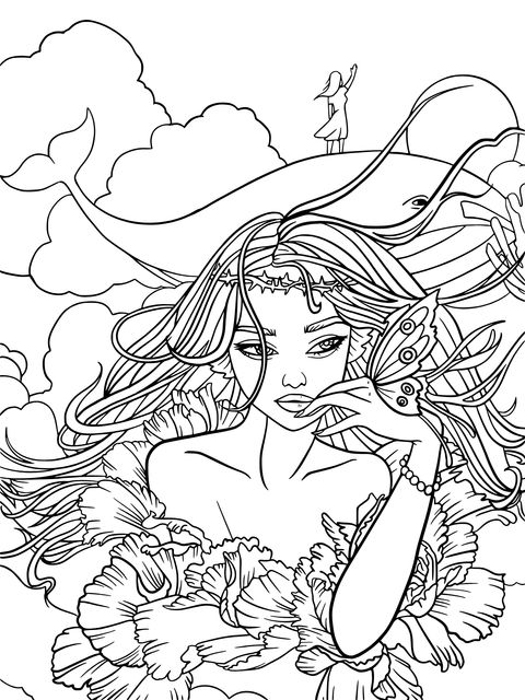 Dreamy Pink - Haired Woman and Fantastic Elements Coloring Page