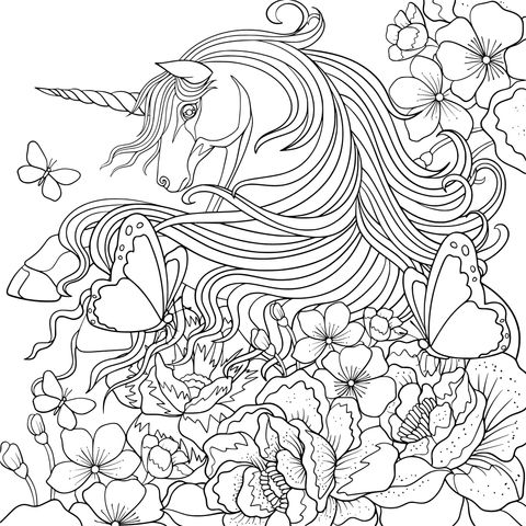 Página de Colorear de Unicornio Fantástico y Flores