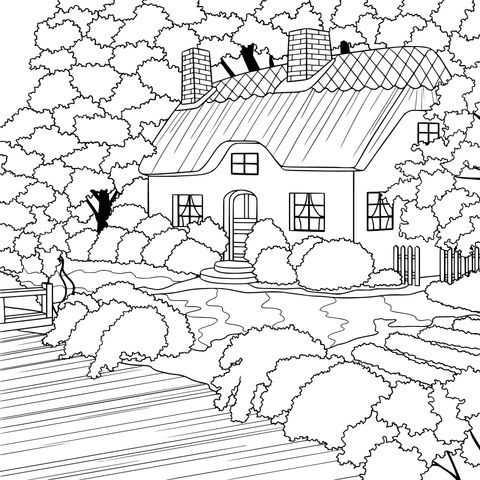 Rural Cottage Landscape Coloring Page