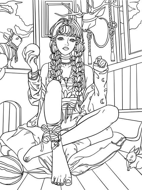 Fashionable Girl Indoor Relaxing Illustration Coloring Page