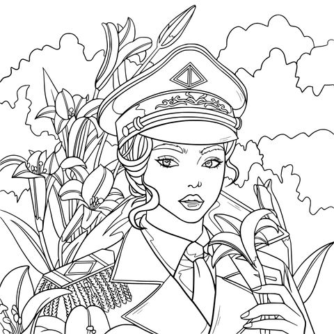 Woman in military uniform holding flowers