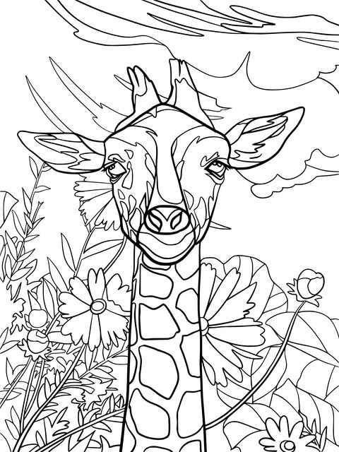 Cute Giraffe and Flower Coloring Page