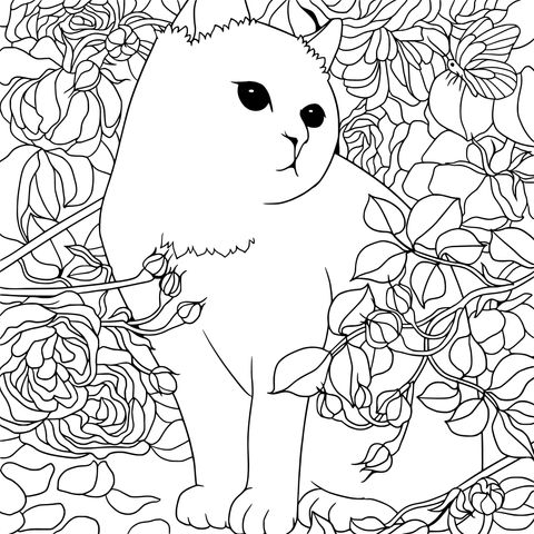 Cat and Roses Coloring Page