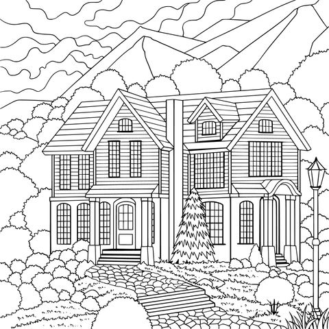 Mountain Cottage Scenery Coloring Page