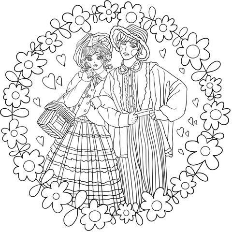 Two People in Retro Attire among Flowers