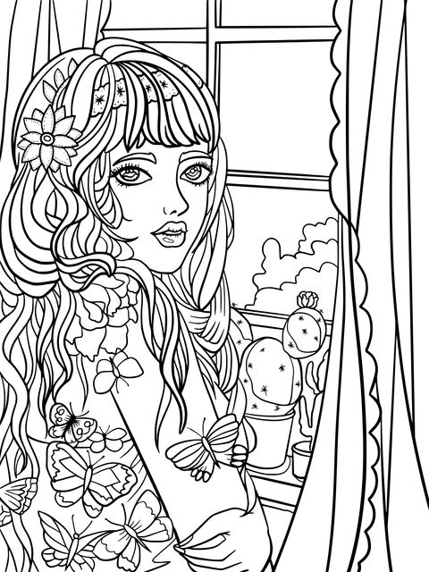 Flower - haired Butterfly Girl by the Window