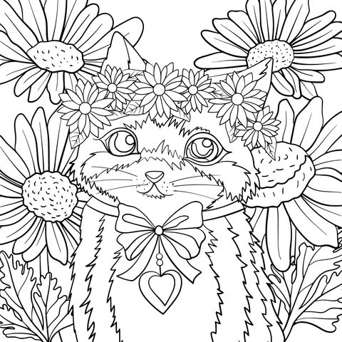 Página para colorir de um gato com uma coroa de flores