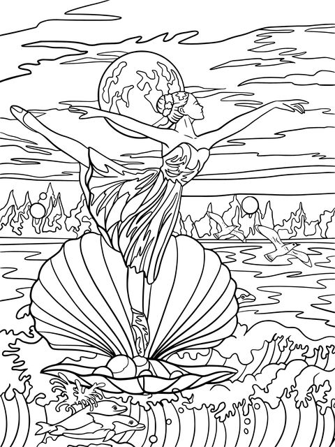 Coloring Page of a Woman Dancing on a Shell