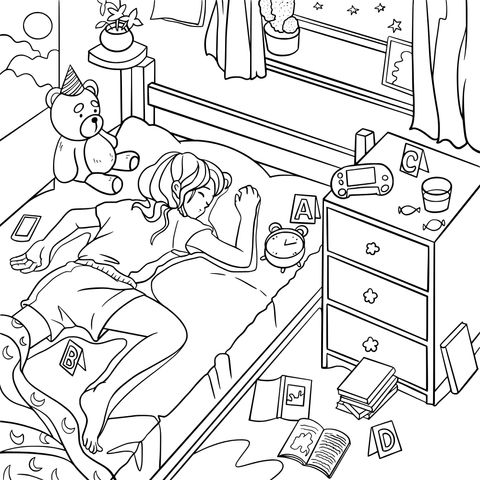 Coloring Page of a Girl Sleeping in Her Bedroom