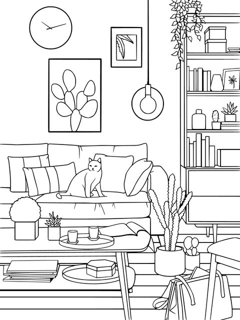 Cozy Living - room Cat - themed Coloring Page