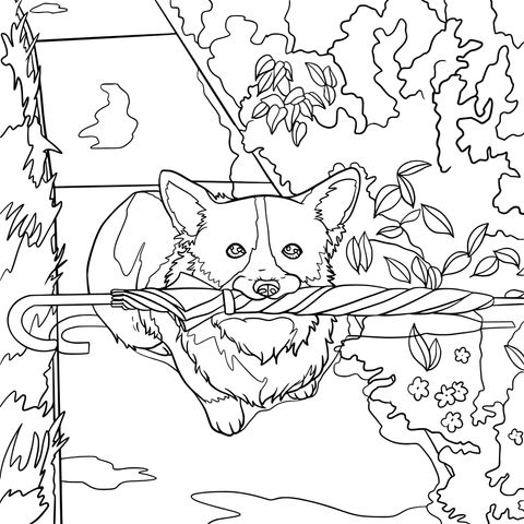 Coloring Page of a Dog Holding an Umbrella