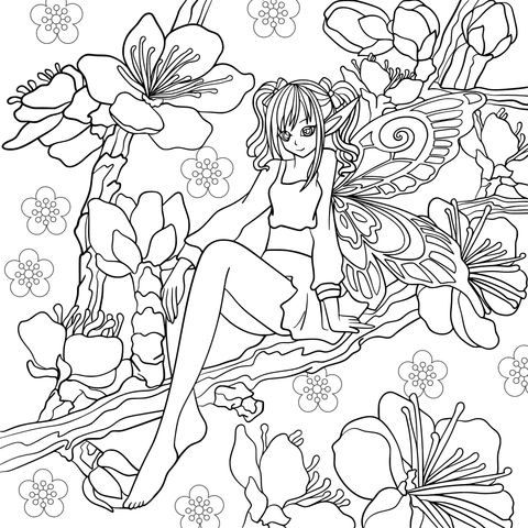 Fairy on Cherry - Blossom Tree Coloring Page