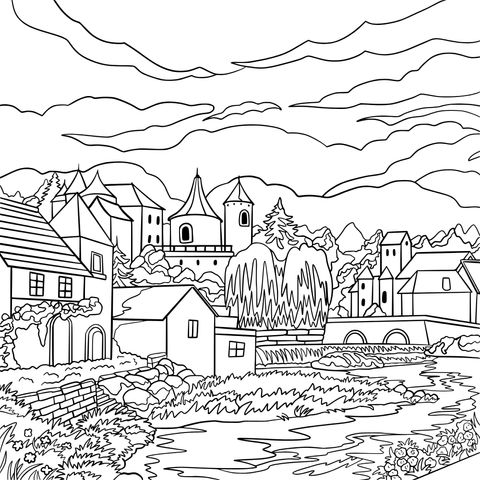 Fairytale Town Landscape Coloring Page