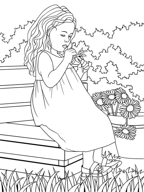 Coloring Page of a Little Girl Smelling Flowers