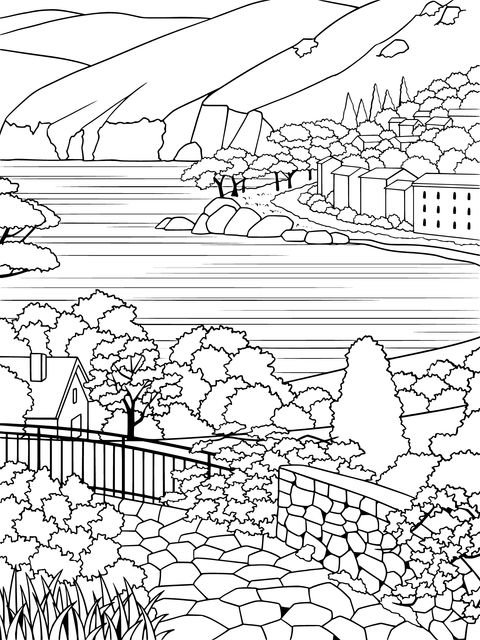 Lakeside Scenery Coloring Page