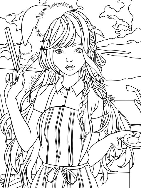 Seaside Painting Girl Coloring Page