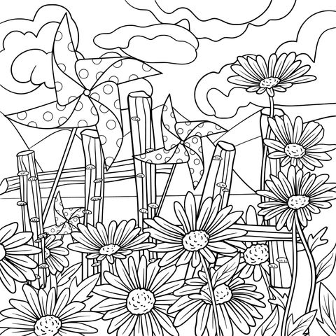 Colorful Garden and Windmills Coloring Page