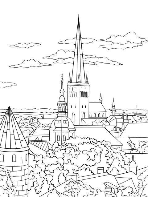 Cityscape Coloring Page: Colorful Roofs and Towering Spires