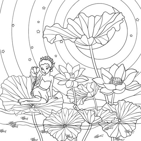 Fairy in Moon - lit Lotus Pond Coloring Page