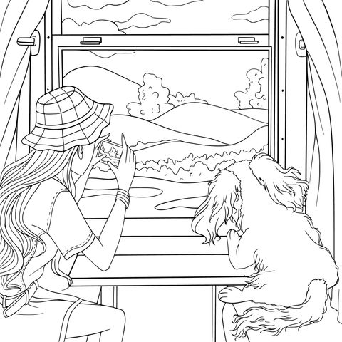 Escena de Página para Colorear de una Chica y un Perro junto a la Ventana