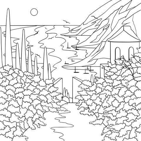 Seaside Scenery Coloring Page: Colorful Garden and Seaview