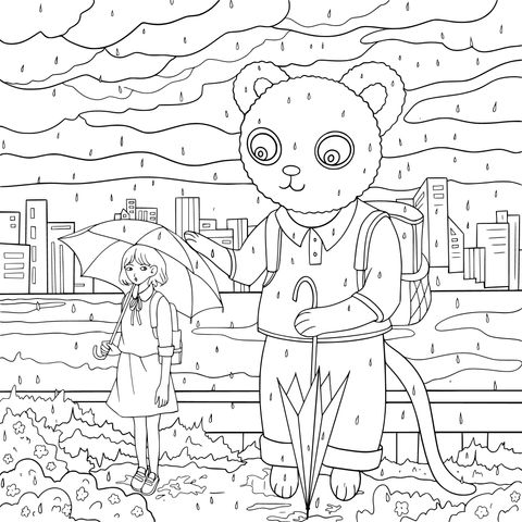 Coloring Page of a Bear and a Girl with Umbrellas in the Rain