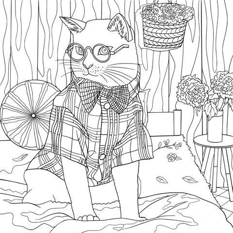 Fashionable Cat Coloring Page: A Cute Cat in a Plaid Shirt and Bow - Tie