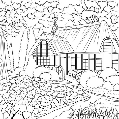 Rural Cottage Landscape Coloring Page