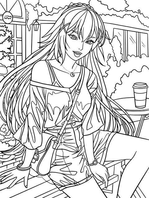 Fashionable Girl Outdoor Leisure Coloring Page