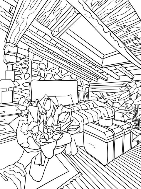 Coloring Page of Entering an Attic Bedroom with a Bouquet of Flowers