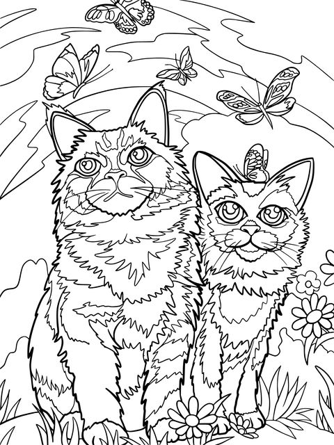 Coloring Page of Two Cats and Butterflies