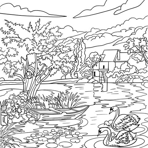 Rural Lakeside Scenery Coloring Page