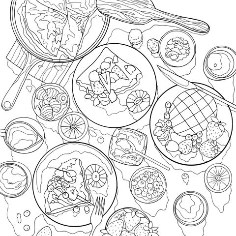 Delicious Crepes and Colorful Fruits Coloring Page