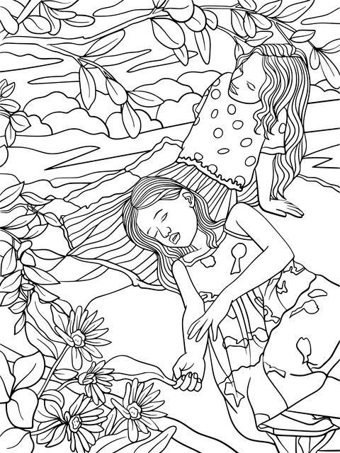 Página para colorir de duas meninas descansando na natureza