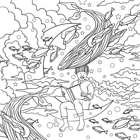 Dreamy Moon - lit Night Reading Coloring Page