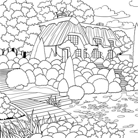 Rustic Cottage Landscape Coloring Page