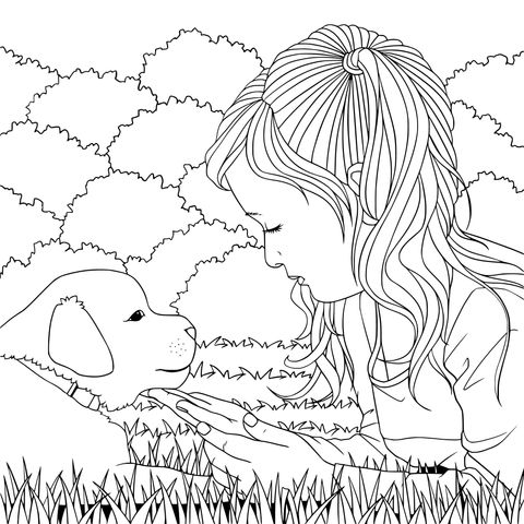 Coloring Page of a Girl Interacting with a Puppy